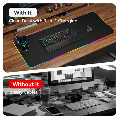XXL 4-In-1 Wireless Charging RGB Mouse Pad with LED Lights,Charge Phone, Watch & Earbuds, XL Extended Desk Mat31.5X11.8 Inch