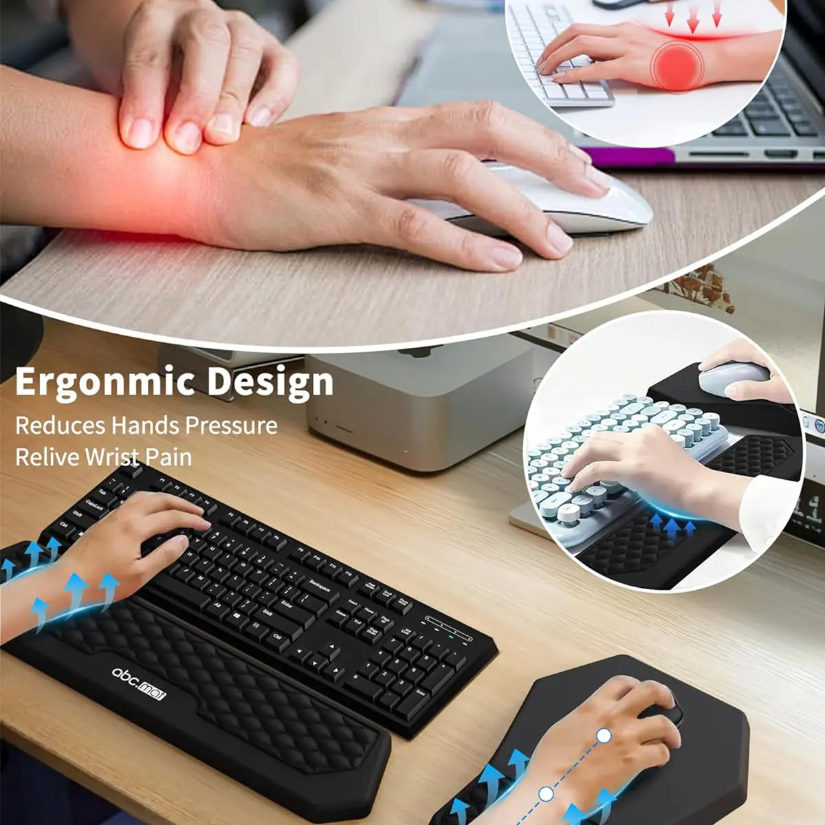 Ergonomic Mouse Pad and Keyboard Wrist Rest Support Set, Massage Design Mousepad for Carpal Tunnel Pain Relief, Memory Foam, Non-Slip PU Base for Computer Desk