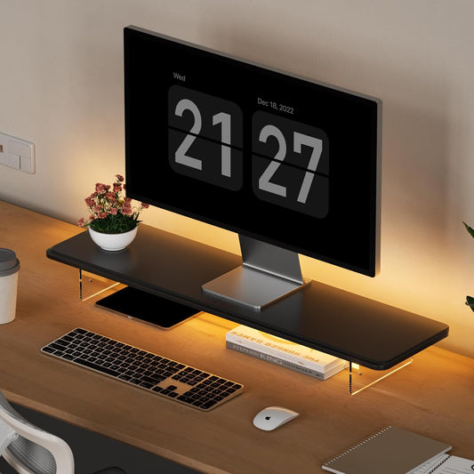 Monitor Stand Riser,31.5-Inch LED Light Wood Computer Monitor Stand with Adjustable Acrylic Legs,Desk Accessories Desktop Organizer Stand For, Computer,Laptop,Printer,Pc TV Screen Riser,Black