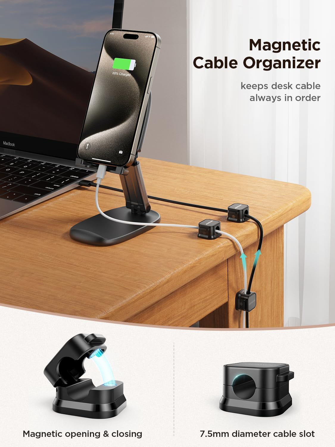 9 Pack Magnetic Cable Clips [Cable Smooth Adjustable] Cord Holder, under Desk Cable Management,  Adhesive Wire Holder Keeper Organizer for Home Office Desk Phone Car Wall Desktop Nightstand