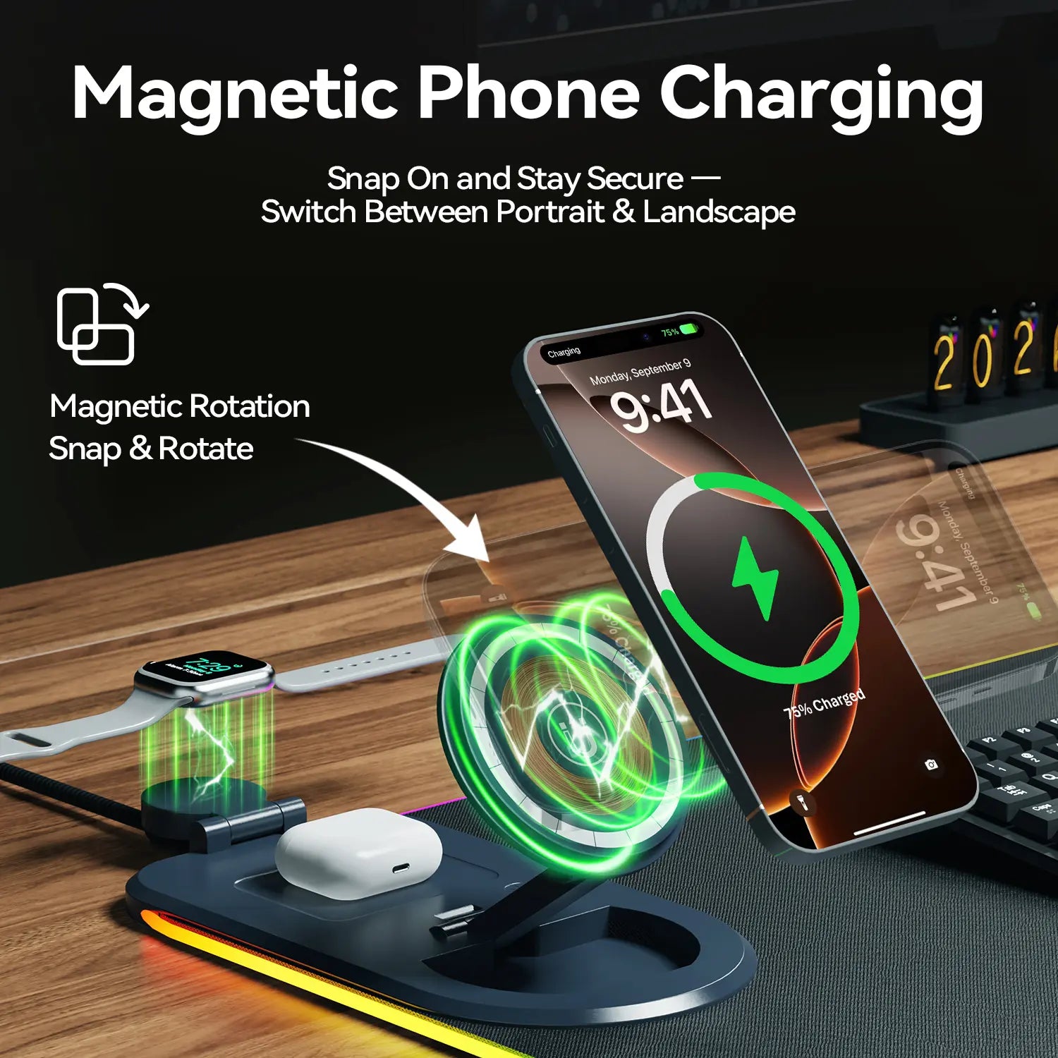 XXL 4-In-1 Wireless Charging RGB Mouse Pad with LED Lights,Charge Phone, Watch & Earbuds, XL Extended Desk Mat31.5X11.8 Inch