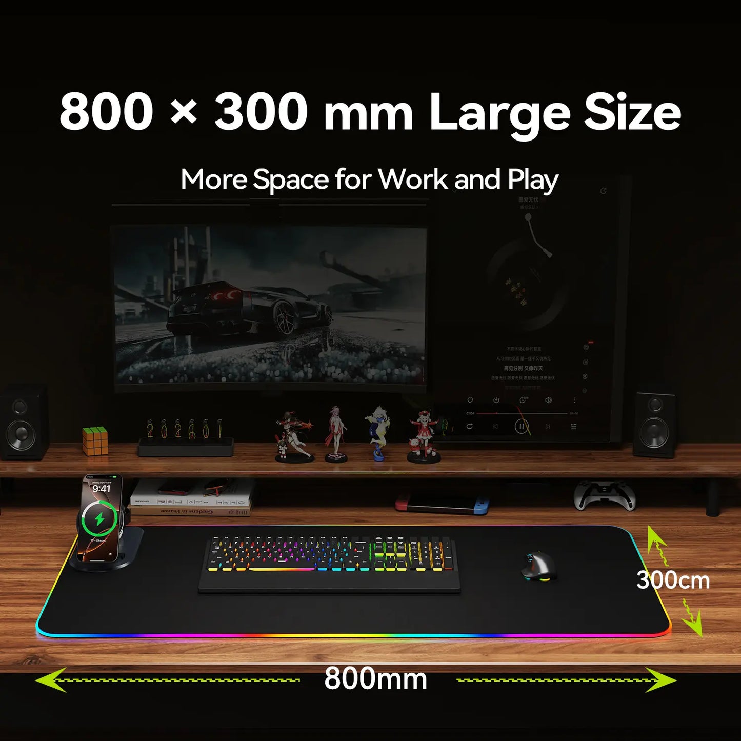 XXL 4-In-1 Wireless Charging RGB Mouse Pad with LED Lights,Charge Phone, Watch & Earbuds, XL Extended Desk Mat31.5X11.8 Inch