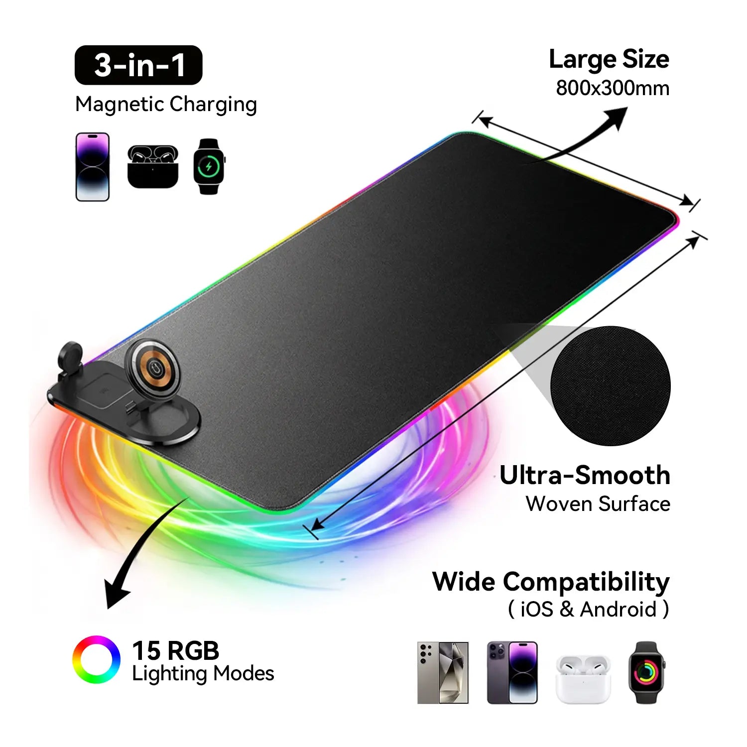 XXL 4-In-1 Wireless Charging RGB Mouse Pad with LED Lights,Charge Phone, Watch & Earbuds, XL Extended Desk Mat31.5X11.8 Inch