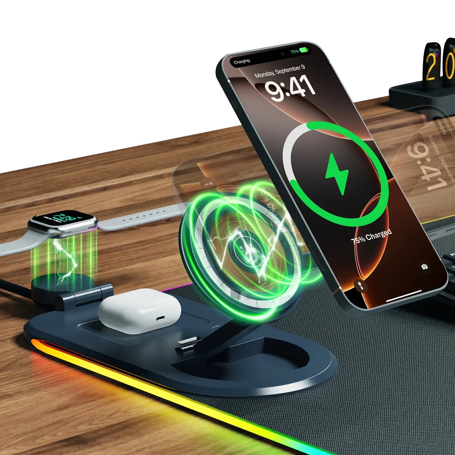 XXL 4-In-1 Wireless Charging RGB Mouse Pad with LED Lights,Charge Phone, Watch & Earbuds, XL Extended Desk Mat31.5X11.8 Inch